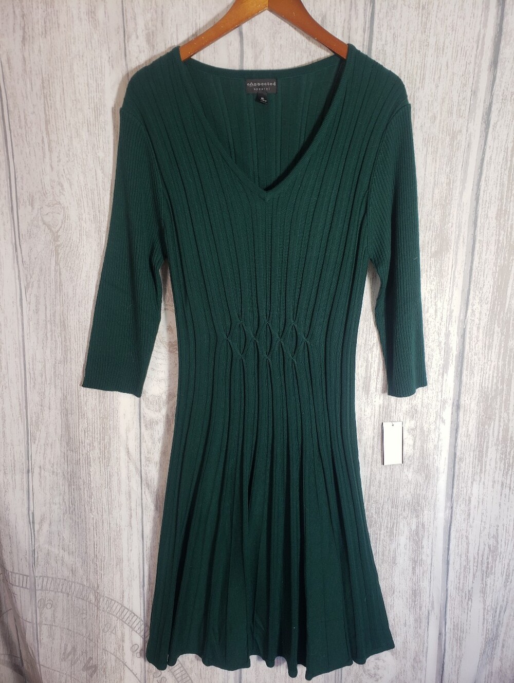 Connected Apparel V-Neck Hunter Green Ribbed Knit Sweater Dress NWT Sz XL